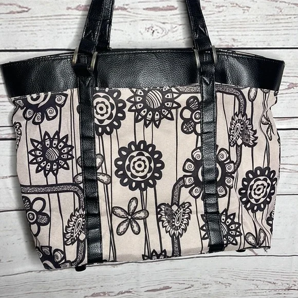 American Tourister Travel Bag Black Taupe Tan Floral Print Tote Bag Carryall! - Picture 8 of 11